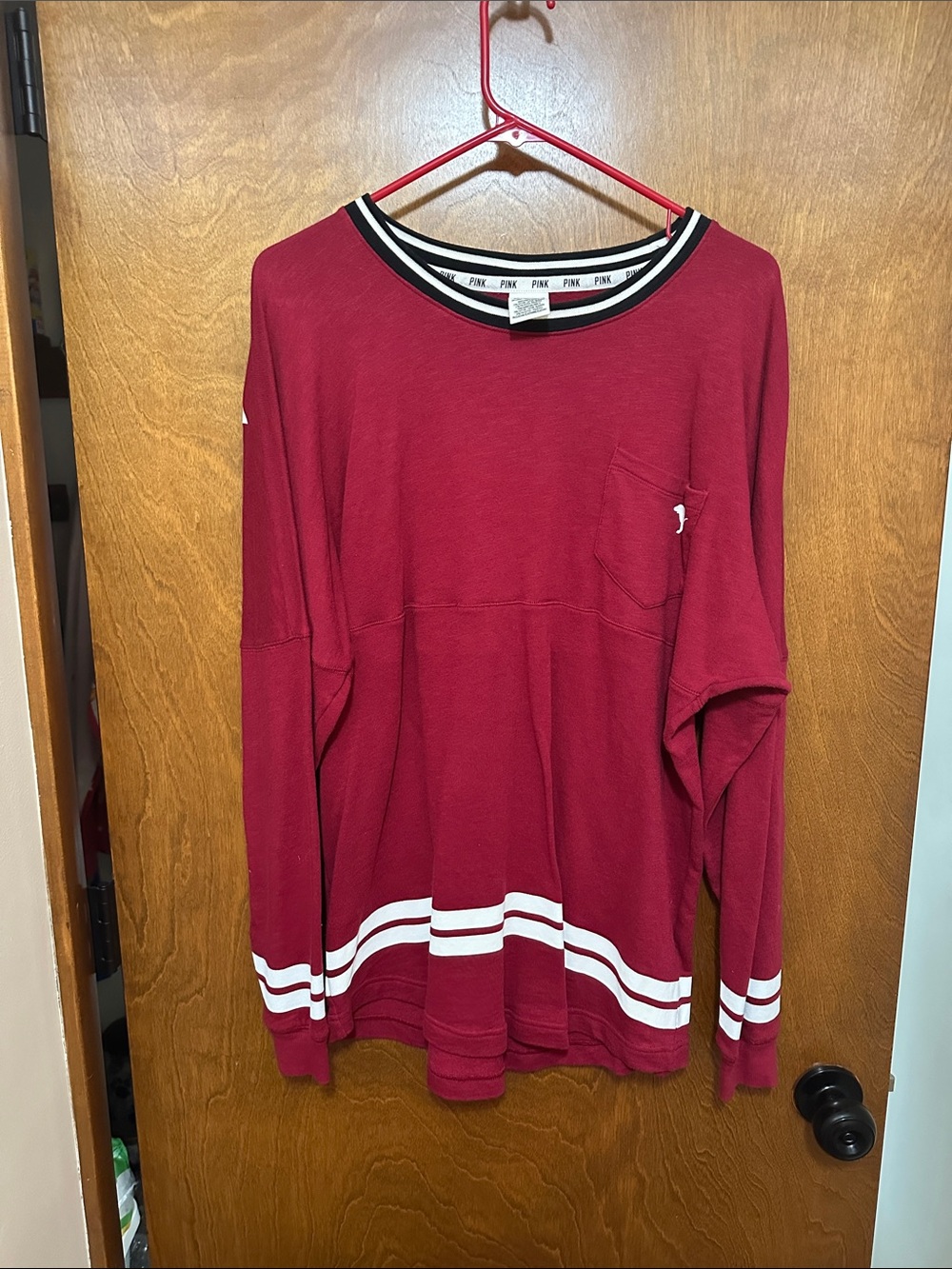 Victoria's Secret Pink Burgundy Long-Sleeve Crew with White Stripes
